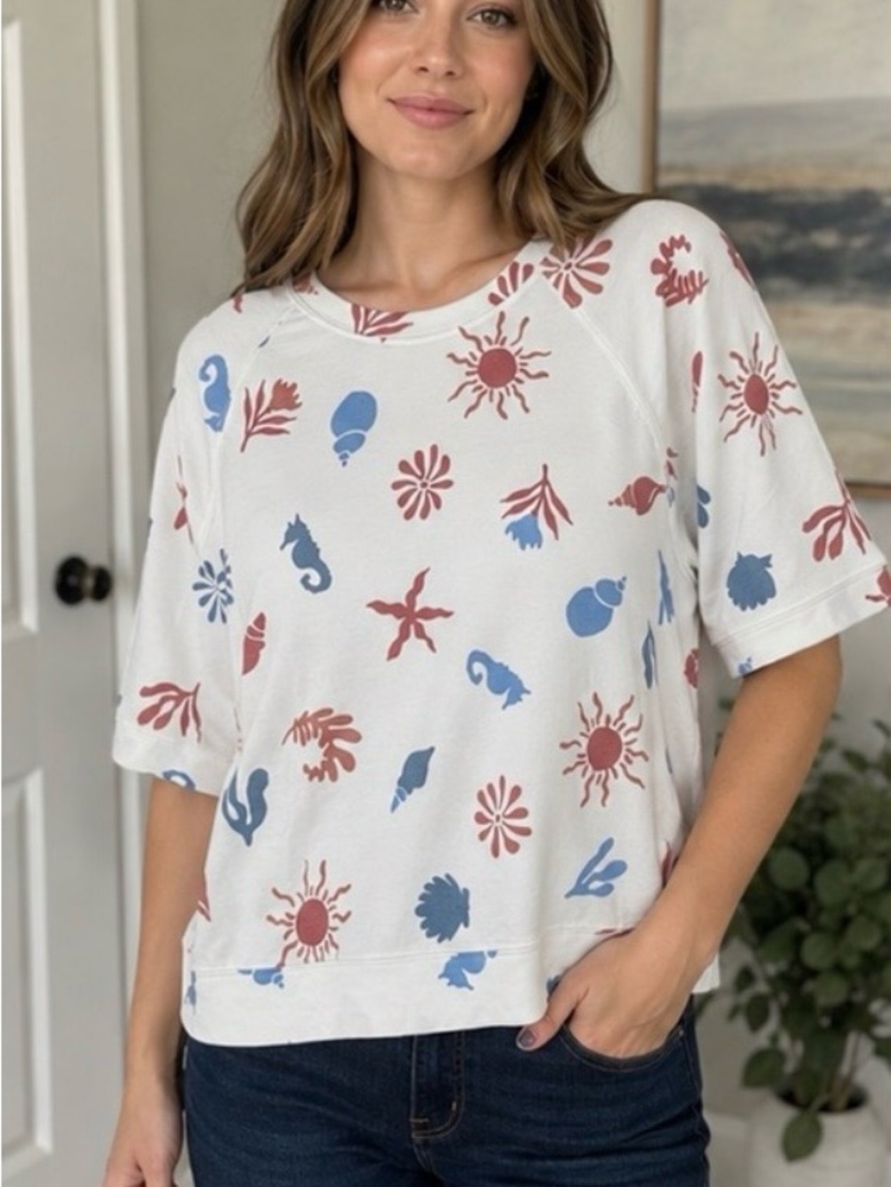 Bobeau Coastal Print Pullover Top Large Seashell & Seahorse Beachy Sweatshirt